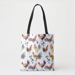 Colourful Chickens & Eggs Watercolor Pattern  Tote Bag