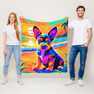 Colourful Chihuahua Puppy on Sunset Beach Fleece Blanket
