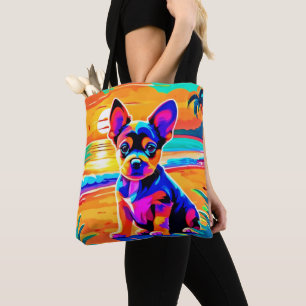 Colourful Chihuahua Puppy on Sunset Beach Tote Bag