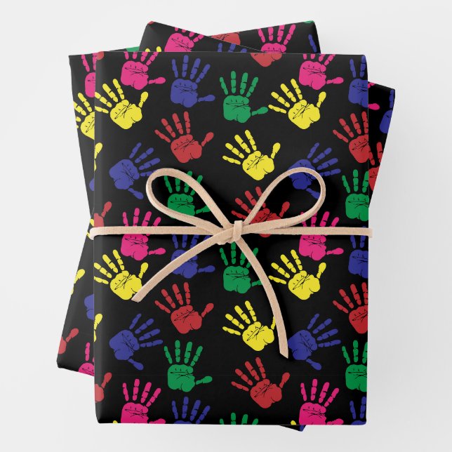 Colourful Children Handprints Seamless Pattern Wrapping Paper Sheet (In situ)
