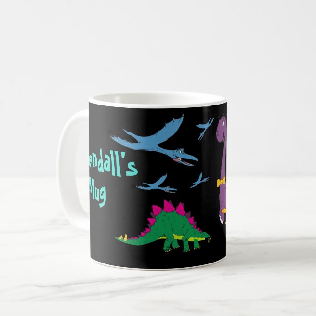Colourful Child's Name Dinosaurs Black Mug (Front Left)