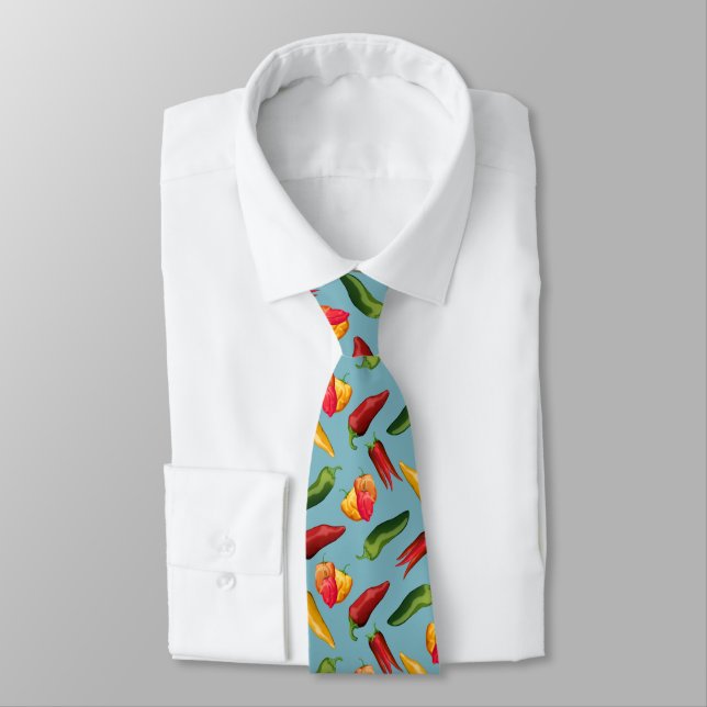 Colourful Chilli peppers on blue  Tie (Tied)