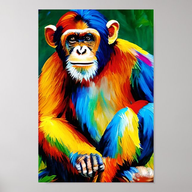 Colourful Chimp Painting, Humourous Monkey Poster (Front)
