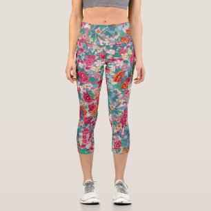 Colourful Chinese Floral Pattern Capri Leggings
