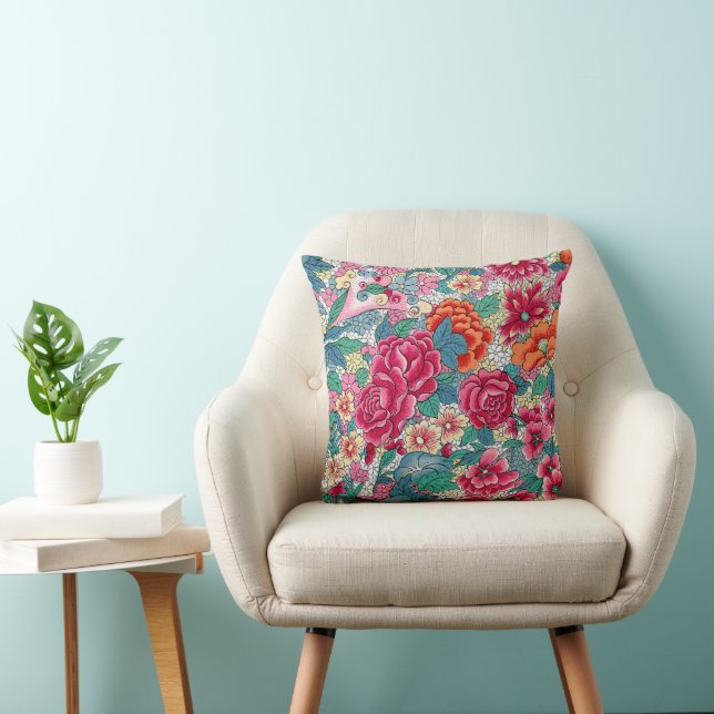 Colourful Chinese Floral Pattern Cushion (Chair)