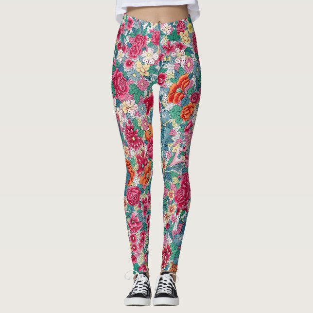 Colourful Chinese Floral Pattern Leggings (Front)