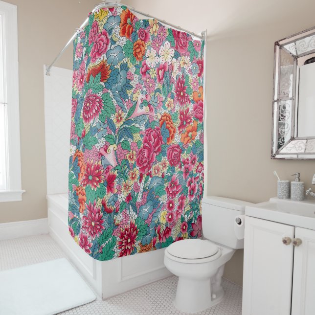 Colourful Chinese Floral Pattern Shower Curtain (In Situ)