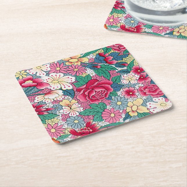 Colourful Chinese Floral Pattern Square Paper Coaster (Angled)