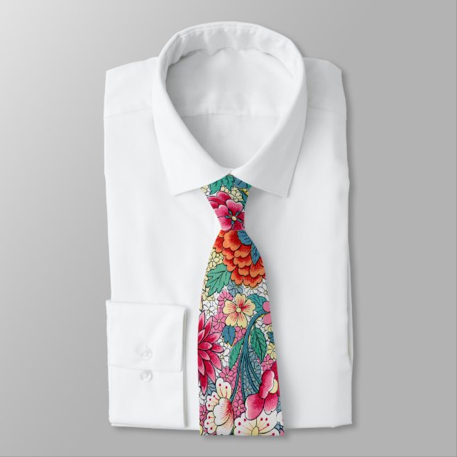 Colourful Chinese Floral Pattern Tie (Tied)