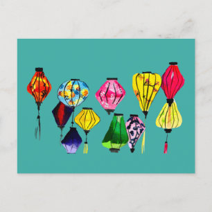 Colourful Chinese lanterns art Postcard