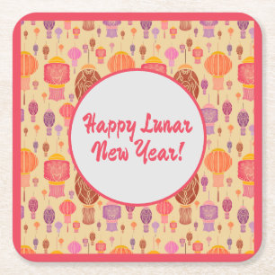 Colourful Chinese Lanterns Lunar New Year Square Paper Coaster