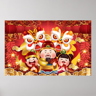 Colourful Chinese New Year dragons & people Poster