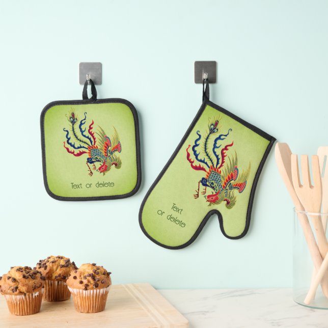 Colourful Chinese Rooster Art Personalised Oven Mitt & Pot Holder Set (Insitu(Hanging))