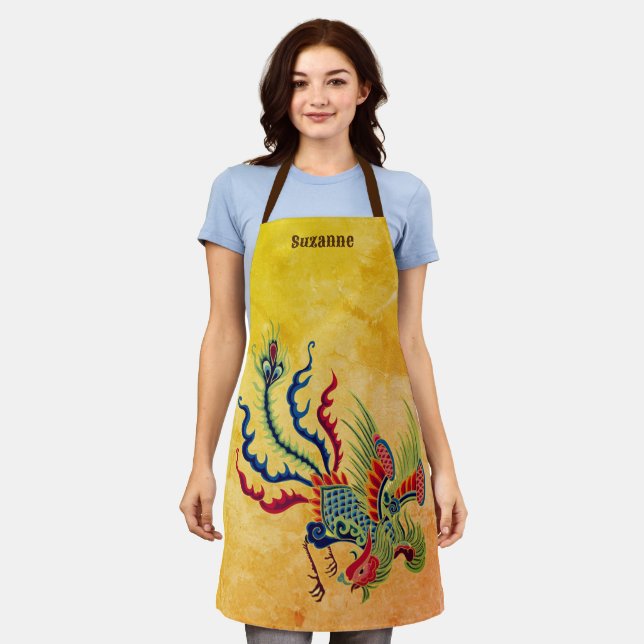 Colourful Chinese Rooster Design Personalised Apron (Worn)