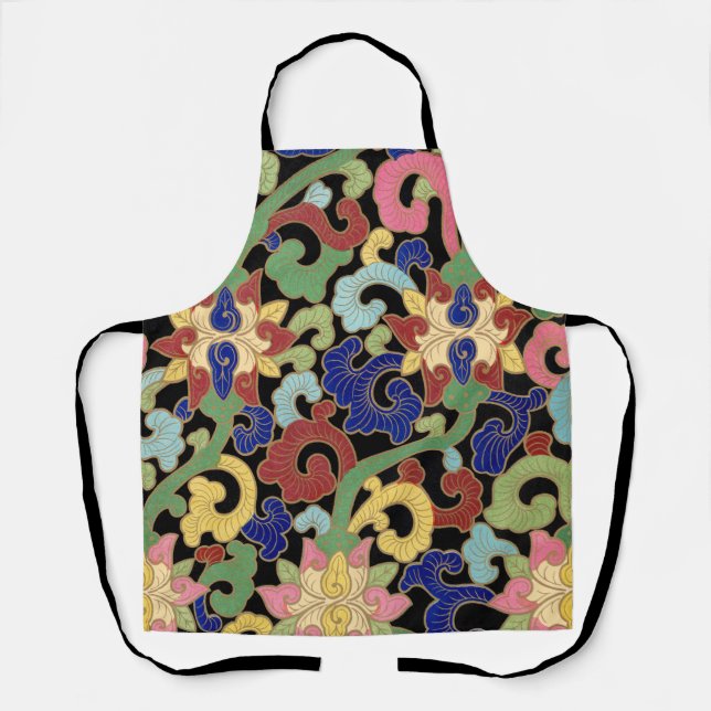 Colourful Chinoiserie Floral Pattern on Black Apron (Front)