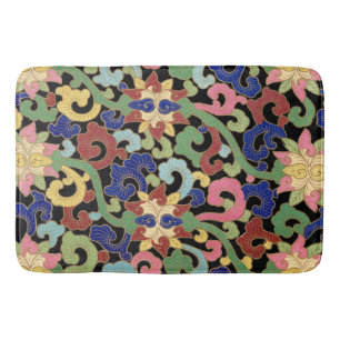 Colourful Chinoiserie Floral Pattern on Black Bath Mat
