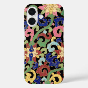 Colourful Chinoiserie Floral Pattern on Black iPhone 16 Case