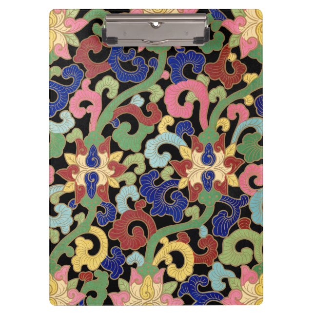 Colourful Chinoiserie Floral Pattern on Black Clipboard (Front)