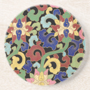 Colourful Chinoiserie Floral Pattern on Black Coaster