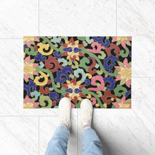 Colourful Chinoiserie Floral Pattern on Black Doormat (Indoor)