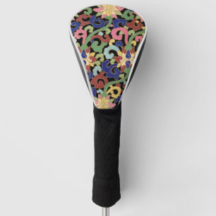 Colourful Chinoiserie Floral Pattern on Black Golf Head Cover