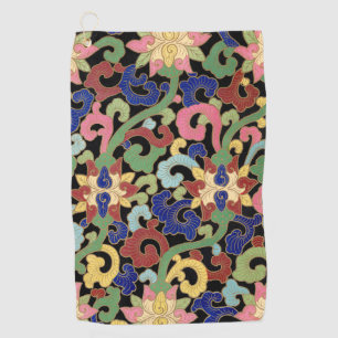 Colourful Chinoiserie Floral Pattern on Black Golf Towel