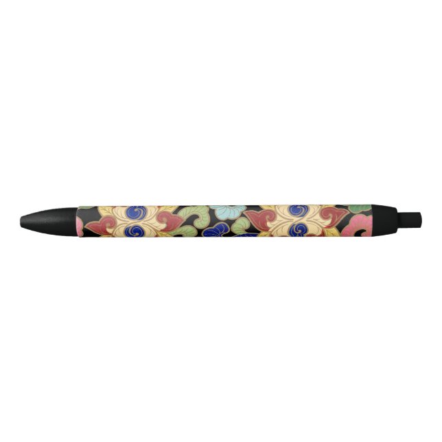 Colourful Chinoiserie Floral Pattern on Black Ink Pen (Front)