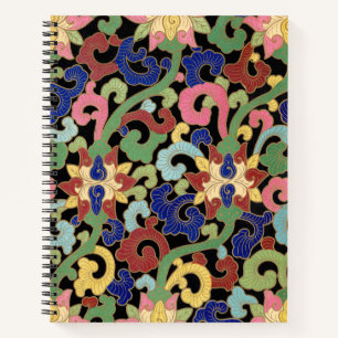 Colourful Chinoiserie Floral Pattern on Black Notebook
