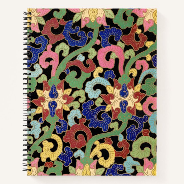 Colourful Chinoiserie Floral Pattern on Black Notebook (Front)