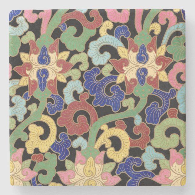 Colourful Chinoiserie Floral Pattern on Black Stone Coaster (Front)