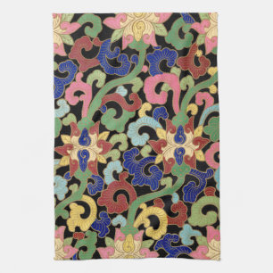 Colourful Chinoiserie Floral Pattern on Black Tea Towel
