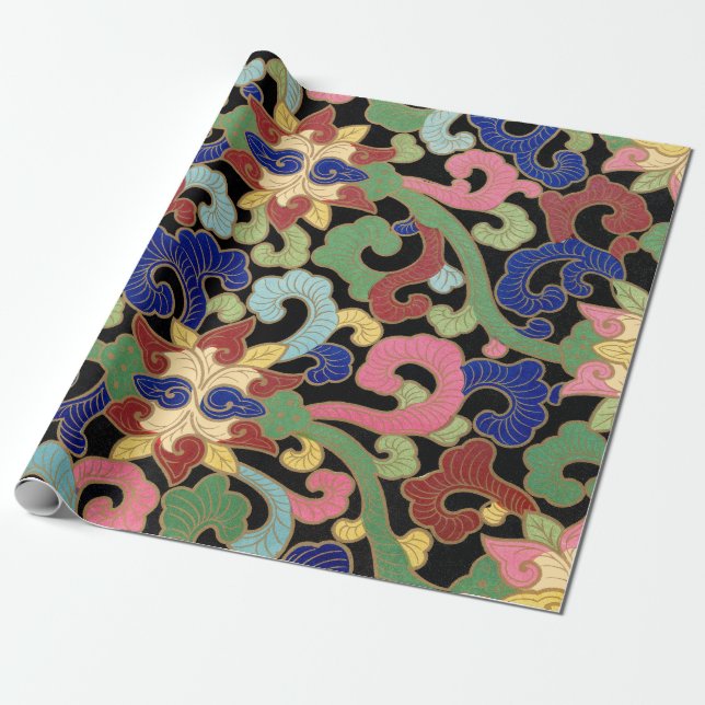 Colourful Chinoiserie Floral Pattern on Black Wrapping Paper (Unrolled)