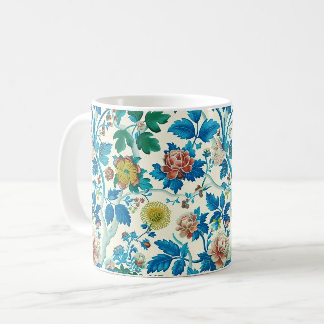 Colourful Chinoiserie Traditional Floral Pattern Coffee Mug (Front Left)