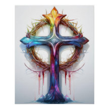 Colourful Christian cross over crown of thorns