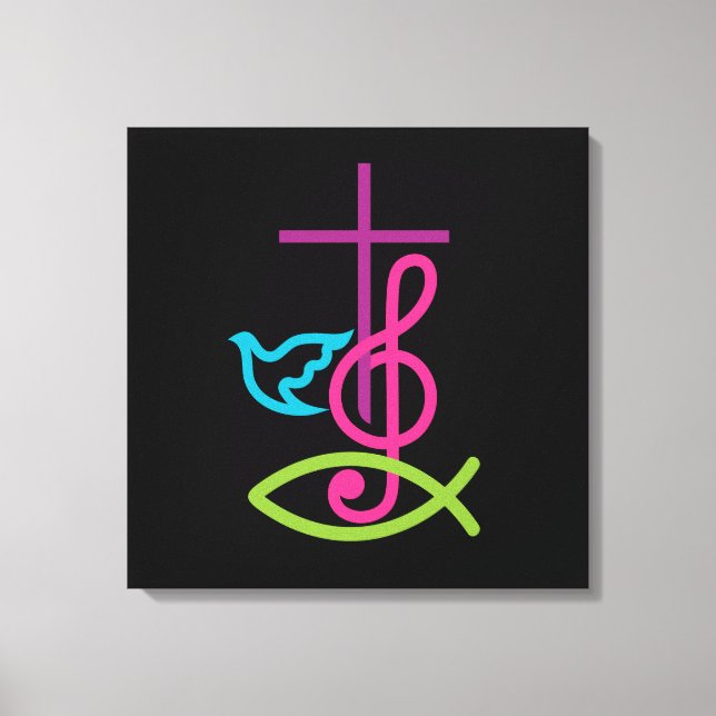Colourful Christian Cross with Music Note & Fish Canvas Print (Front)