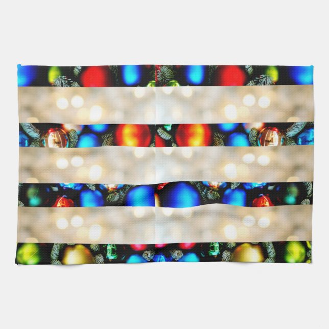 Colourful Christmas Balls And White Lights Stripes Tea Towel (Horizontal)