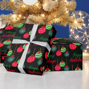 Colourful Christmas Balls Happy Holidays Black Wrapping Paper