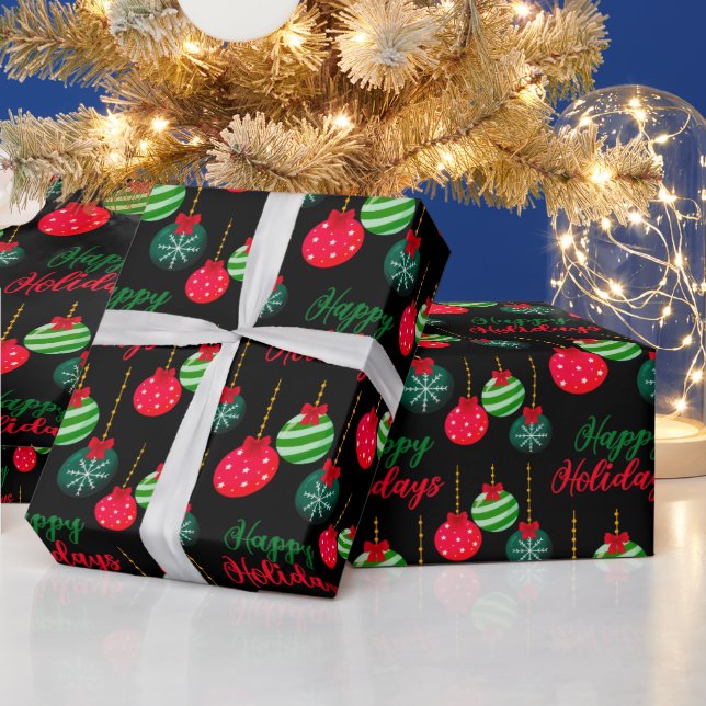 Colourful Christmas Balls Happy Holidays Black Wrapping Paper (Holidays)