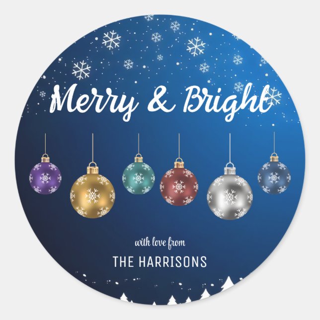 Colourful Christmas Balls Snowflakes Blue Classic Round Sticker (Front)