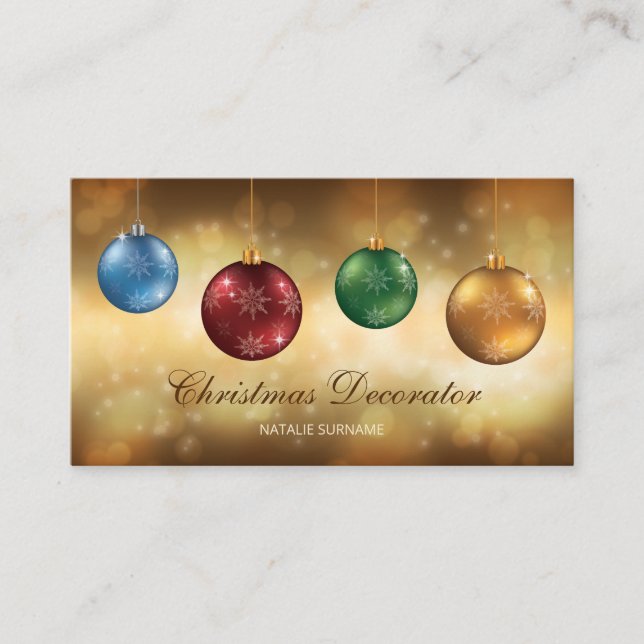 Colourful Christmas Baubles On Yellow Bokeh Business Card (Front)