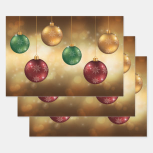 Colourful Christmas Baubles On Yellow Bokeh Wrapping Paper Sheet
