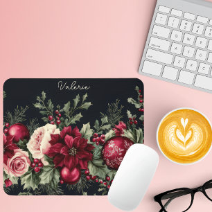 Colourful Christmas Baubles with Poinsettia Mouse Mat