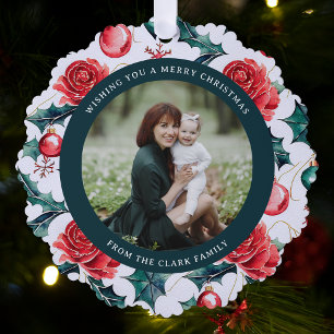 Colourful Christmas Botanical Floral Photo-Green Tree Decoration Card