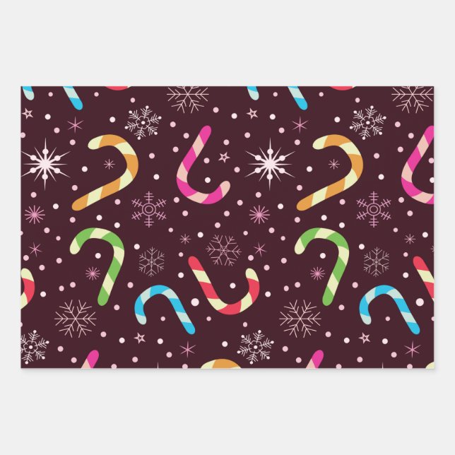 Colourful Christmas Candy Canes with Snowflakes  Wrapping Paper Sheet (Front)