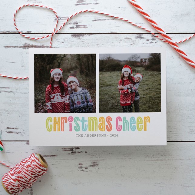 Colourful Christmas Cheer Two Photo Christmas Holiday Card (Creator Uploaded)