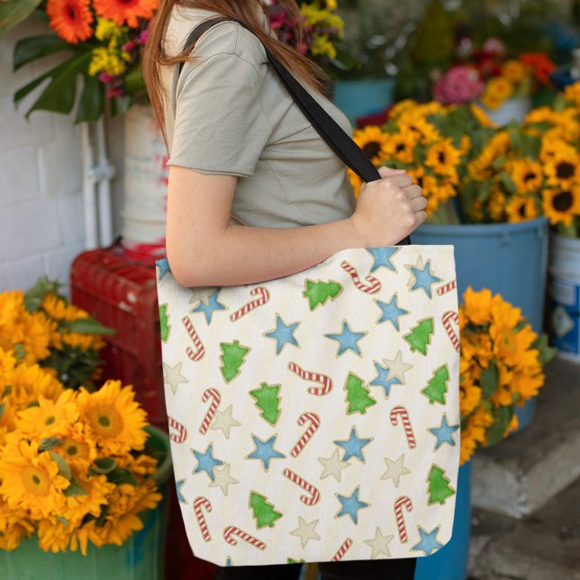 Colourful Christmas Cookies Pattern  Tote Bag (Christmas cookies whimsical pattern tote bag)
