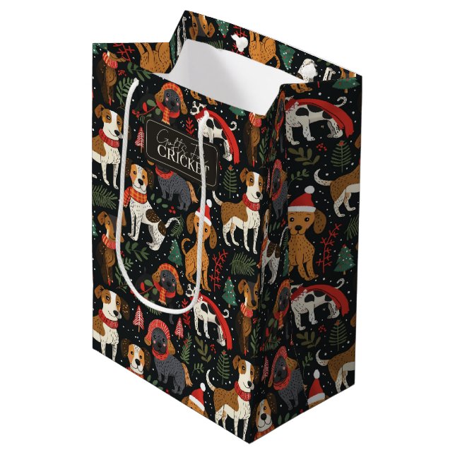 Colourful Christmas Dogs Pattern Medium Gift Bag (Front Angled)