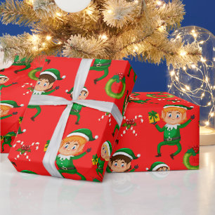 Colourful Christmas Elf and Candy Cane Red Wrapping Paper