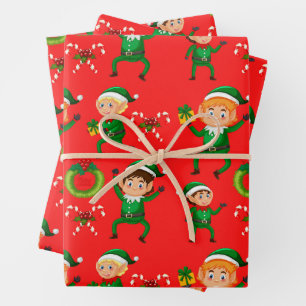 Colourful Christmas Elf and Candy Cane Red Wrapping Paper Sheet