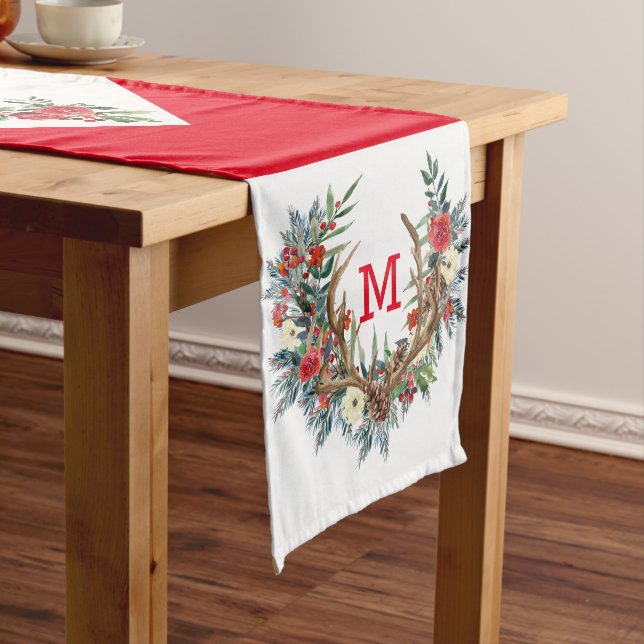 Colourful Christmas floral wreath and antlers Long Table Runner (In Situ)